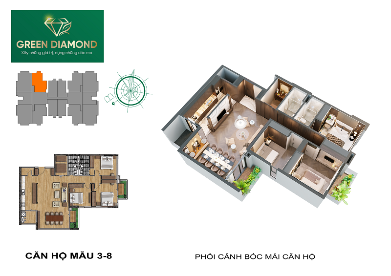 Thiết kế căn hộ 3n diện tích 142m2 dự án chung cư Green Diamond 93 Láng Hạ
