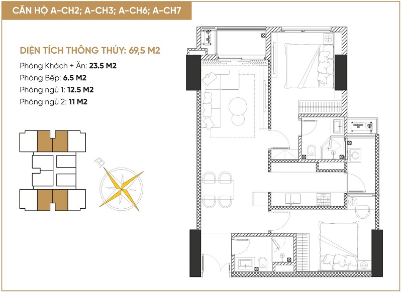 Thiết kế 1 căn hộ 2 ngủ tháp đôi bách việt diamond hill